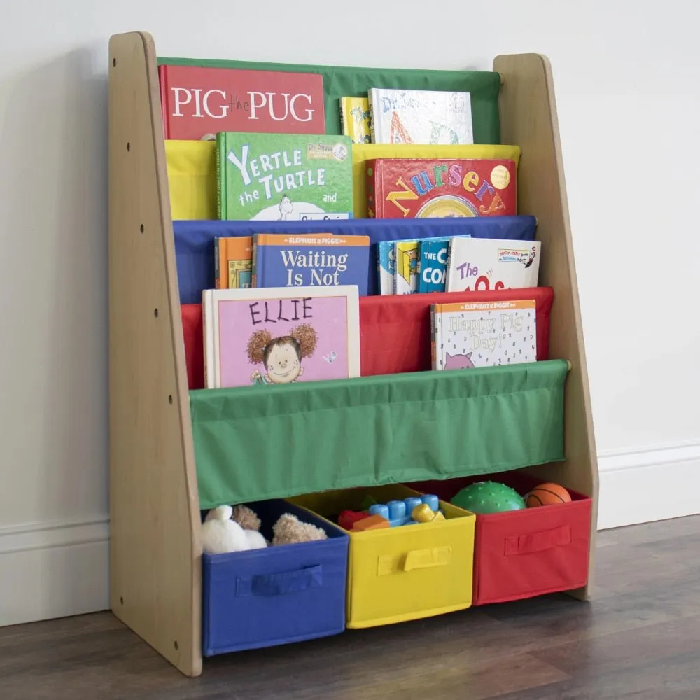 Kids Bookcase with 4 Shelves and 3 Fabric Bins