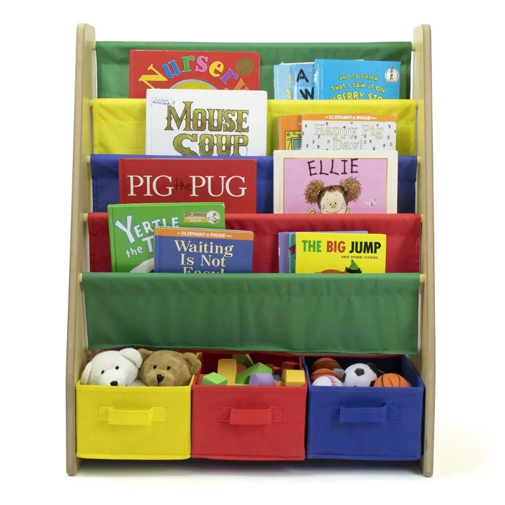 Kids Bookcase with 4 Shelves and 3 Fabric Bins