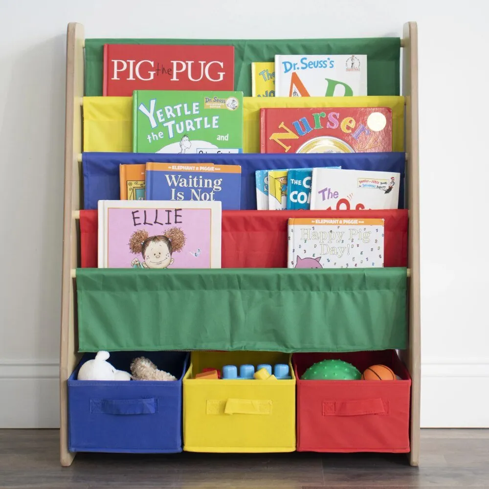 Kids Bookcase with 4 Shelves and 3 Fabric Bins