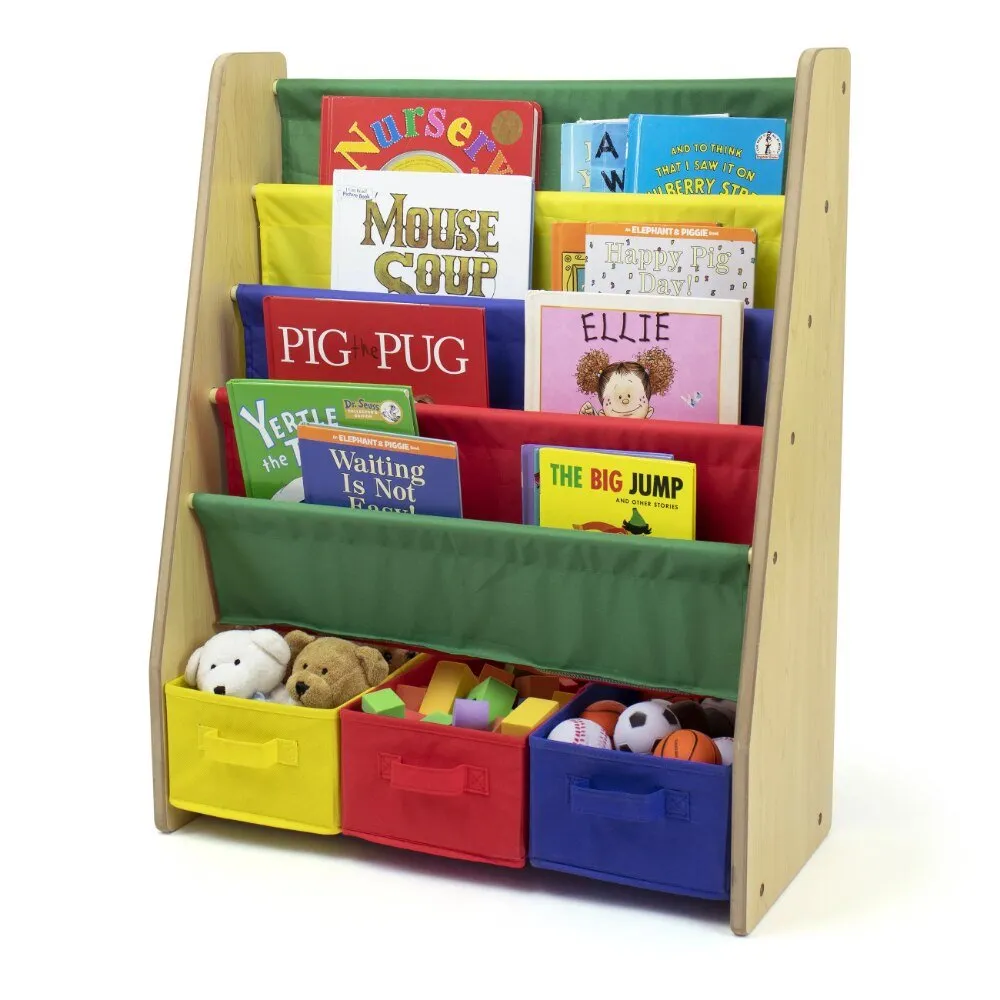 Kids Bookcase with 4 Shelves and 3 Fabric Bins