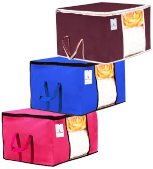 Kuber Industries 3 Piece Non Woven Underbed Storage Bag, Storage Organiser, Blanket Cover with Transparent Window, Extra Large, Maroon, Pink, Royal Blue CTKTC134542