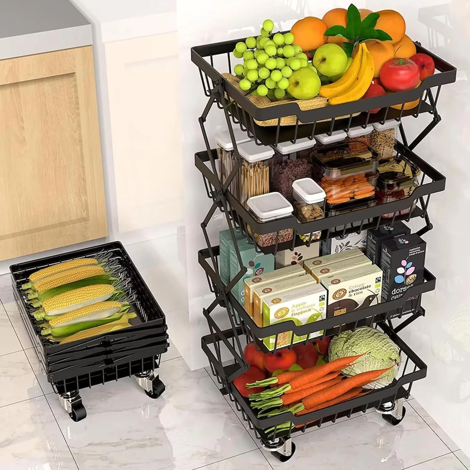 Kuber Industries 4-Layer Collapsible Kitchen Rack|Multipurpose Storage Basket|360-Degree Rotable Kitchen Trolley|Fruit Basket Pack of 2 (Black)