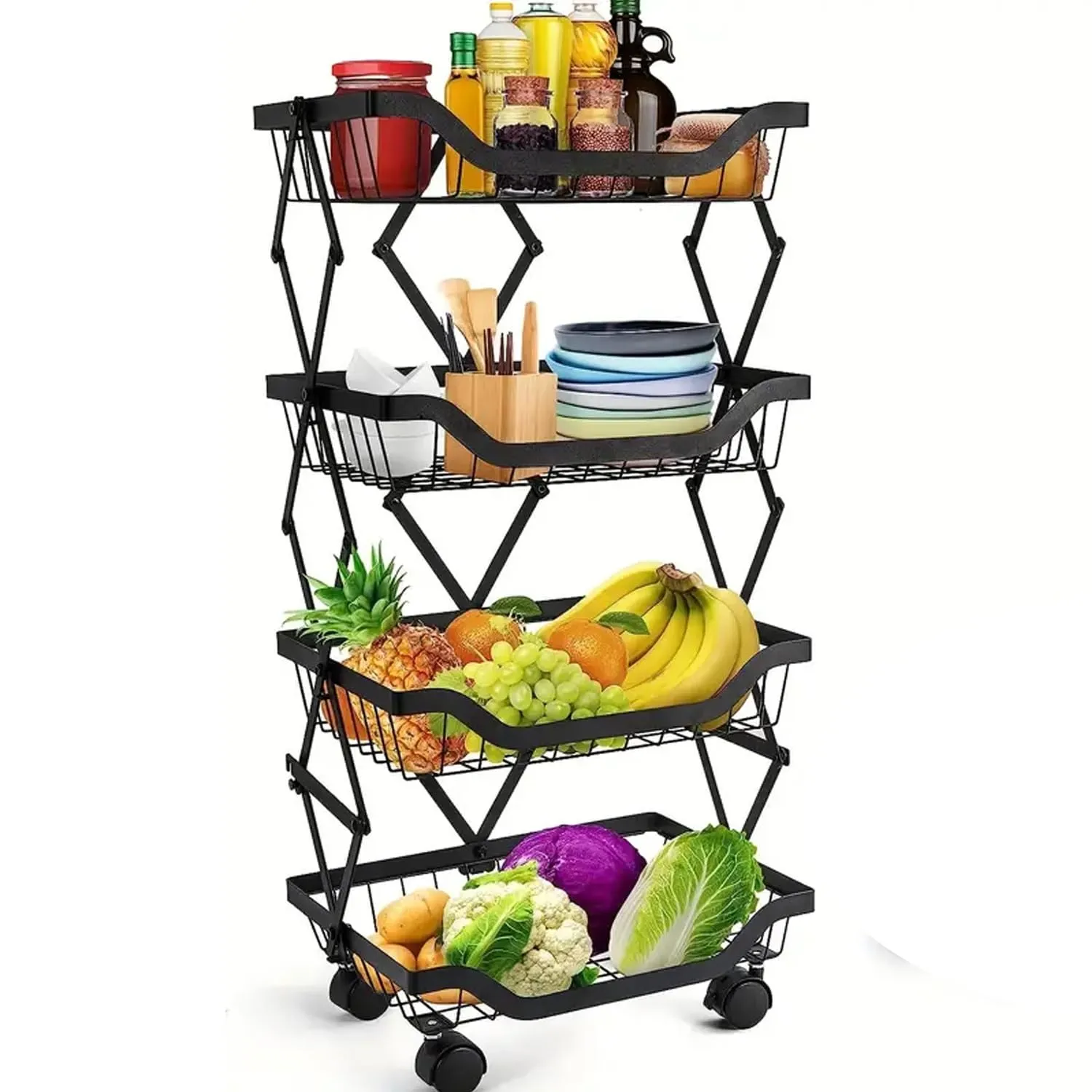 Kuber Industries 4-Layer Collapsible Kitchen Rack|Multipurpose Storage Basket|360-Degree Rotable Kitchen Trolley|Fruit Basket Pack of 2 (Black)