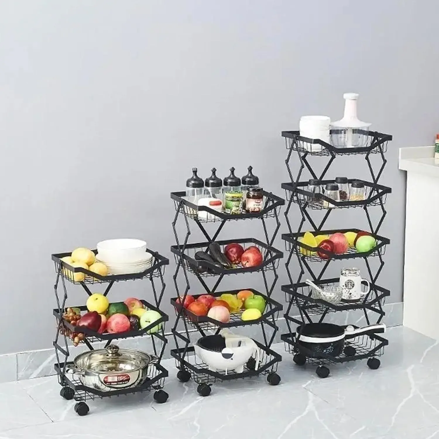 Kuber Industries 4-Layer Collapsible Kitchen Rack|Multipurpose Storage Basket|360-Degree Rotable Kitchen Trolley|Fruit Basket Pack of 2 (Black)