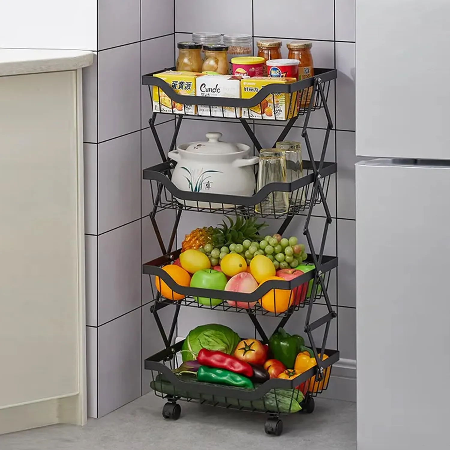 Kuber Industries 4-Layer Collapsible Kitchen Rack|Multipurpose Storage Basket|360-Degree Rotable Kitchen Trolley|Fruit Basket Pack of 2 (Black)