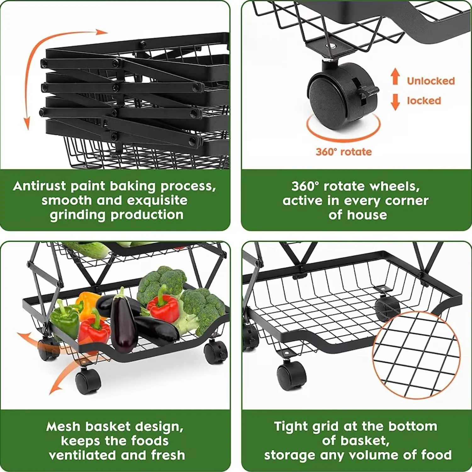 Kuber Industries 4-Layer Collapsible Kitchen Rack|Multipurpose Storage Basket|360-Degree Rotable Kitchen Trolley|Fruit Basket Pack of 2 (Black)