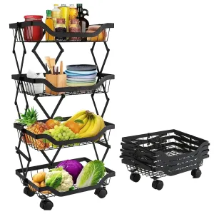 Kuber Industries 4-Layer Collapsible Kitchen Rack|Multipurpose Storage Basket|360-Degree Rotable Kitchen Trolley|Fruit Basket Pack of 2 (Black)