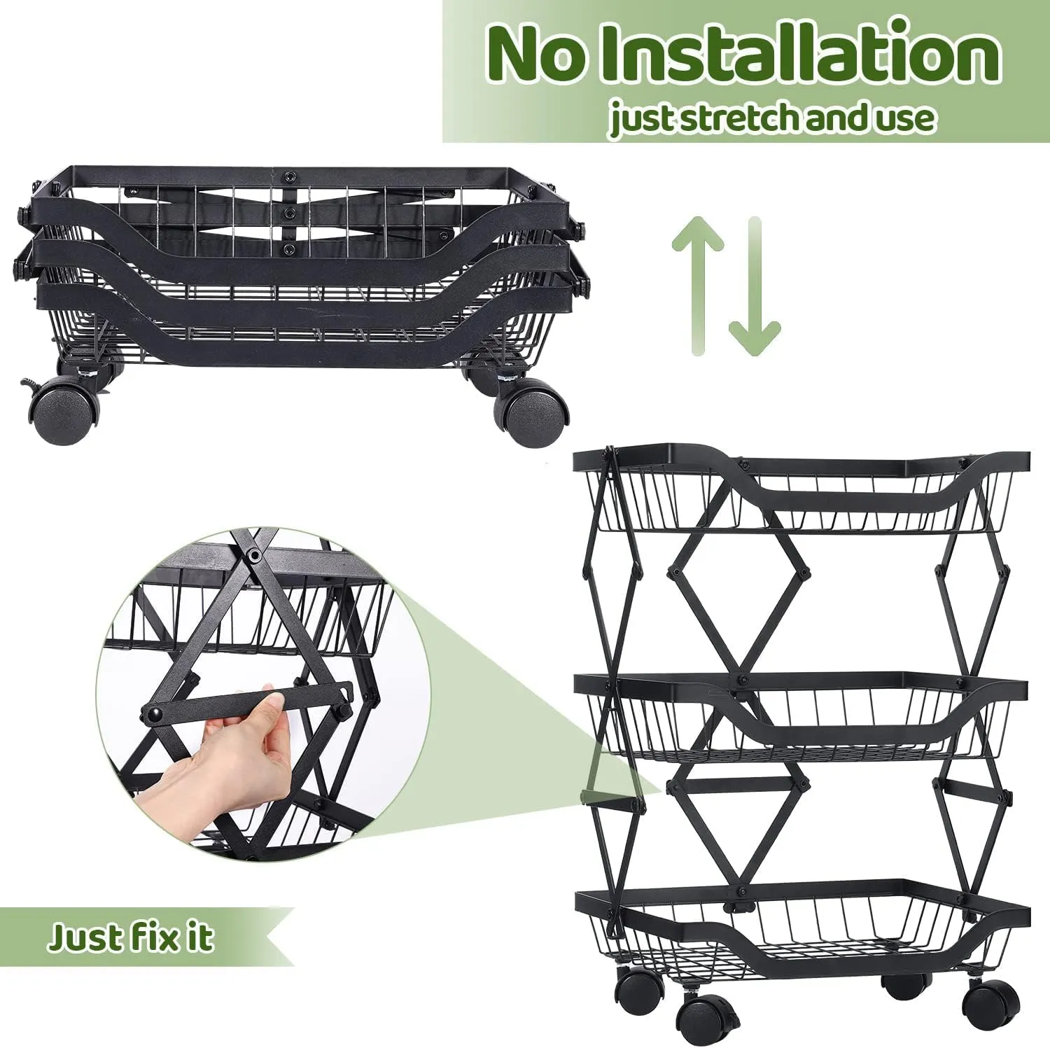 Kuber Industries 4-Layer Collapsible Kitchen Rack|Multipurpose Storage Basket|360-Degree Rotable Kitchen Trolley|Fruit Basket Pack of 2 (Black)