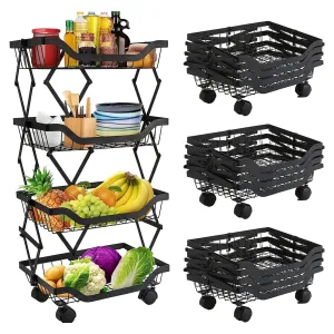 Kuber Industries 4-Layer Collapsible Kitchen Rack|Multipurpose Storage Basket|360-Degree Rotable Kitchen Trolley|Fruit Basket Pack of 4 (Black)