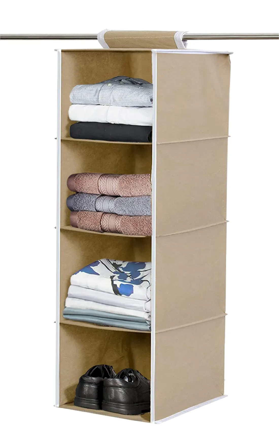 Kuber Industries 4 Shelf Closet Hanging Organizer, 4 Tier Closet Wardrobe Organizer Clothes Storage Hanger for Family Closet Bedroom, Foldable and Universal Fit (Brown)-KUBMART15323