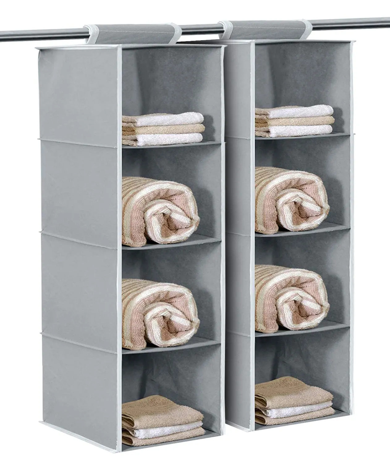 Kuber Industries 4 shelf Closet Organizer for Wardrobe|Non-woven Collapsible Wardrobe|Hanging Shelf for clothes|4 shelves Cloth Organizer|Pack of 2 (Grey)|Fabric