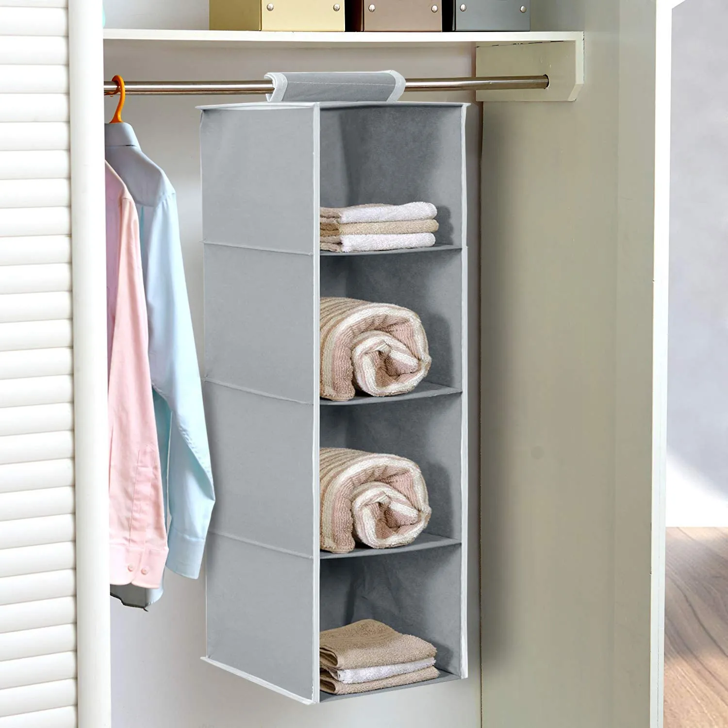 Kuber Industries 4 shelf Closet Organizer for Wardrobe|Non-woven Collapsible Wardrobe|Hanging Shelf for clothes|4 shelves Cloth Organizer|Pack of 2 (Grey)|Fabric