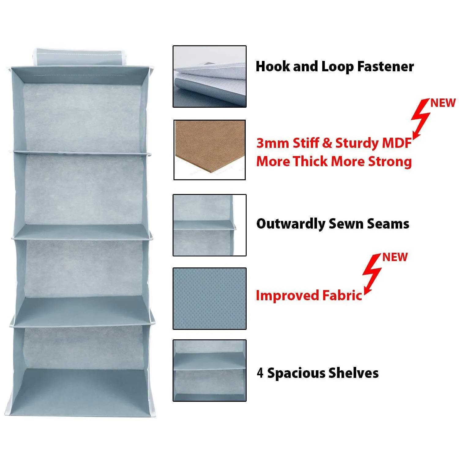 Kuber Industries 4 shelf Closet Organizer for Wardrobe|Non-woven Collapsible Wardrobe|Hanging Shelf for clothes|4 shelves Cloth Organizer|Pack of 2 (Grey)|Fabric