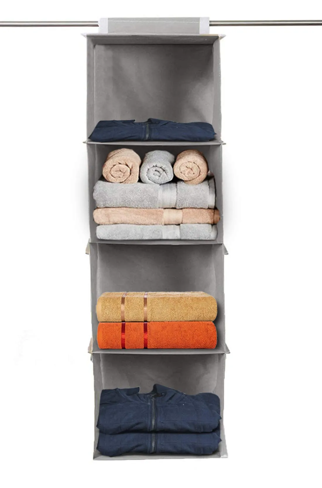 Kuber Industries 4 shelf Closet Organizer for Wardrobe|Non-woven Collapsible Wardrobe|Hanging Shelf for clothes|4 shelves Cloth Organizer|Pack of 2 (Grey)|Fabric