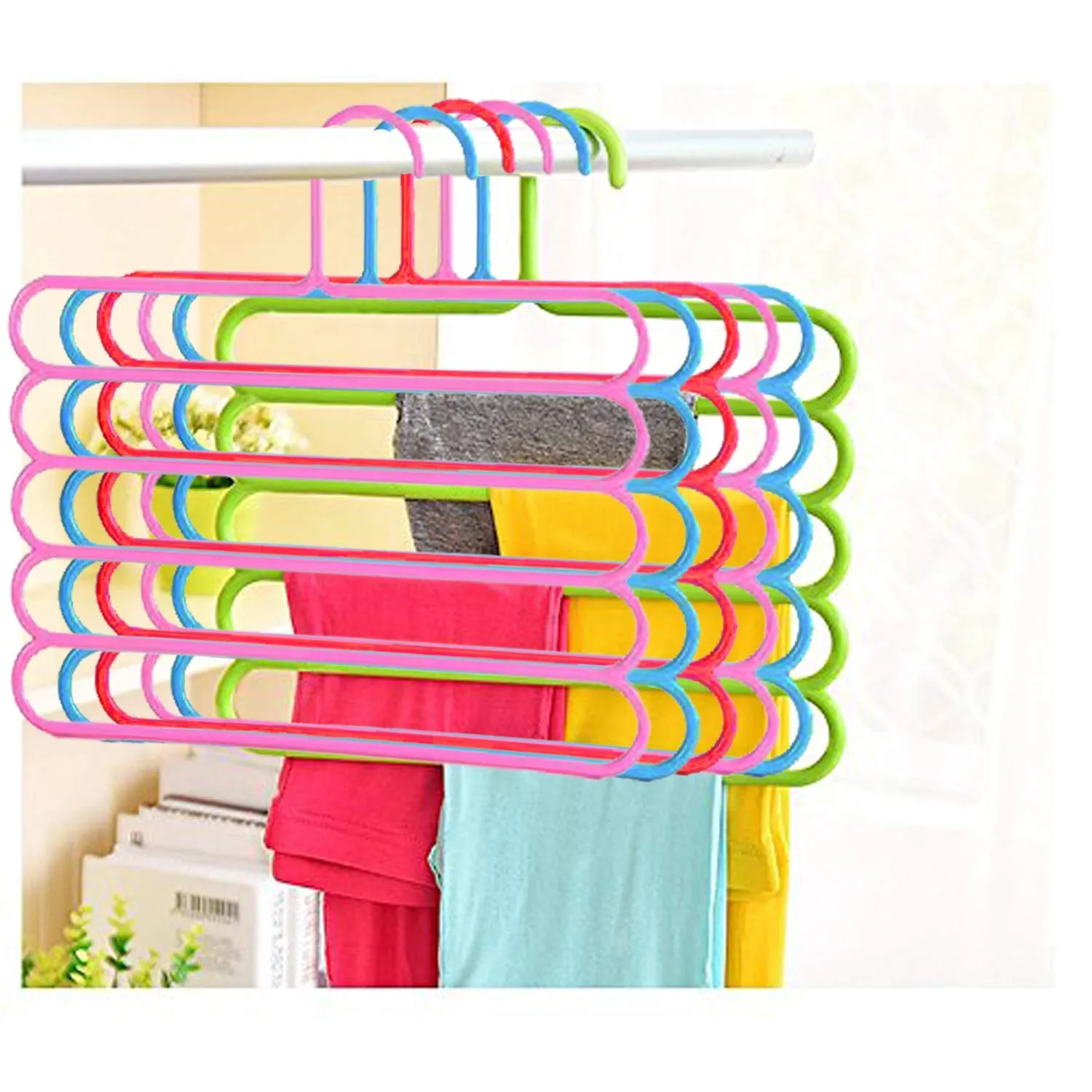 Kuber Industries 6 Pieces Multi-Purpose 5 Layer Pants Clothes Hanger Wardrobe Storage Organizer (Multicolour) -CTKTC023492