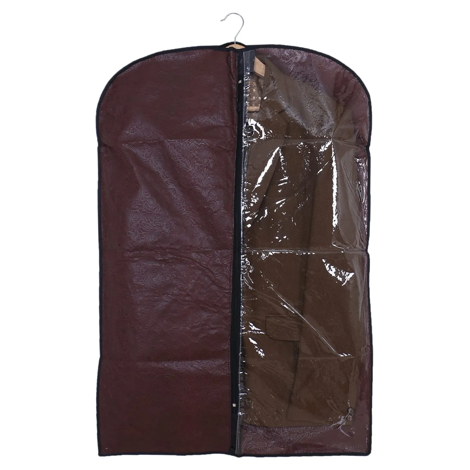 Kuber Industries Embossed Coat Cover|Non Woven Foldable Hanging Blazer Cover|Half Transparent Wardrobe Organizer (Brown)