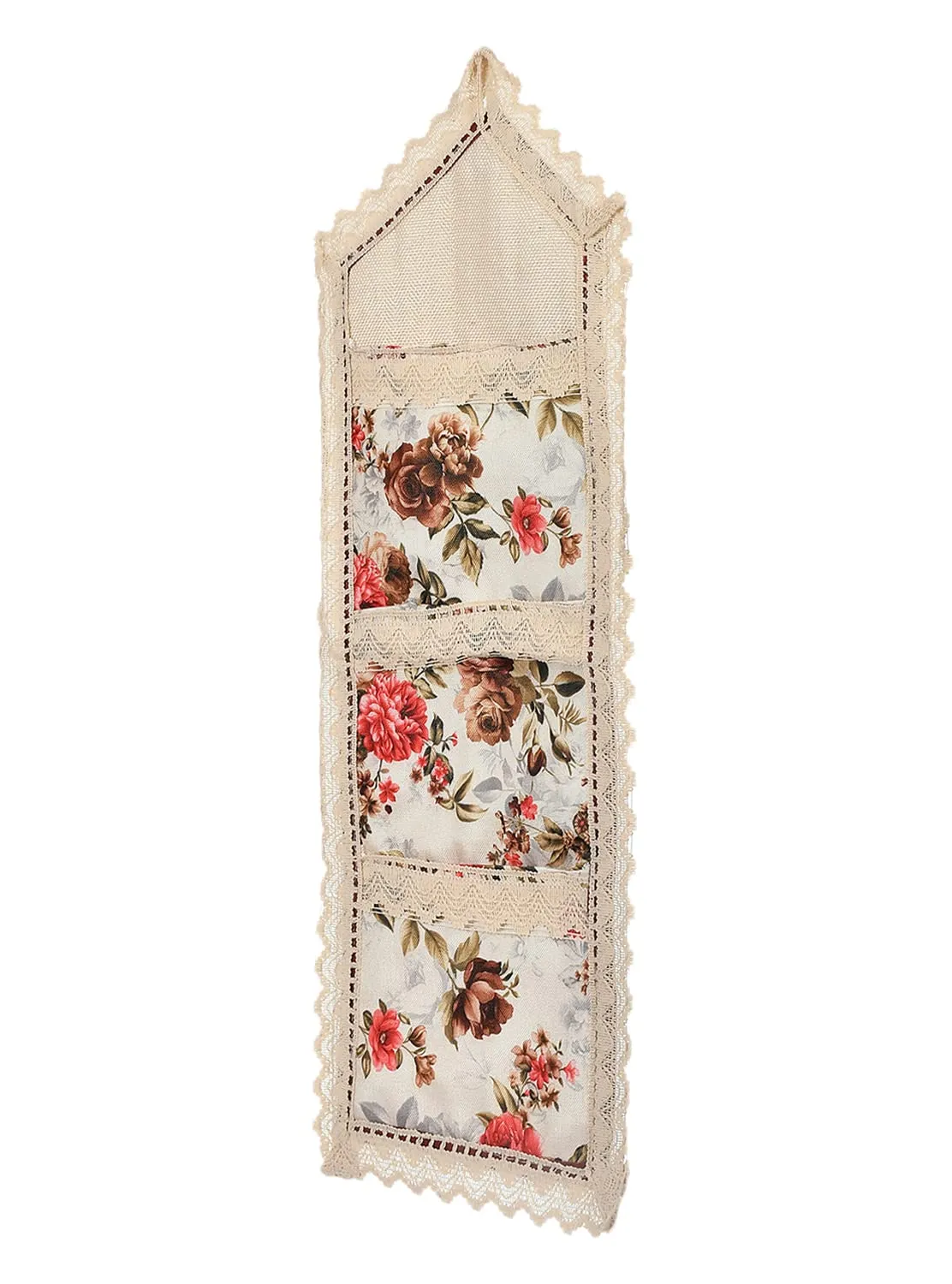 Kuber Industries Flower Printed Multiuses 3 Pockets Wall Hanging Storage Organizer/Holder For Home (Cream & Red)-50KM01175(Cotton)