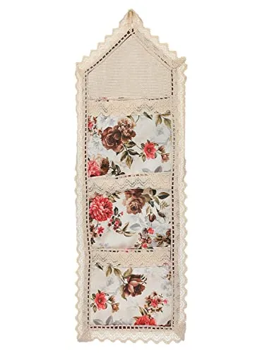 Kuber Industries Flower Printed Multiuses 3 Pockets Wall Hanging Storage Organizer/Holder For Home (Cream & Red)-50KM01175(Cotton)