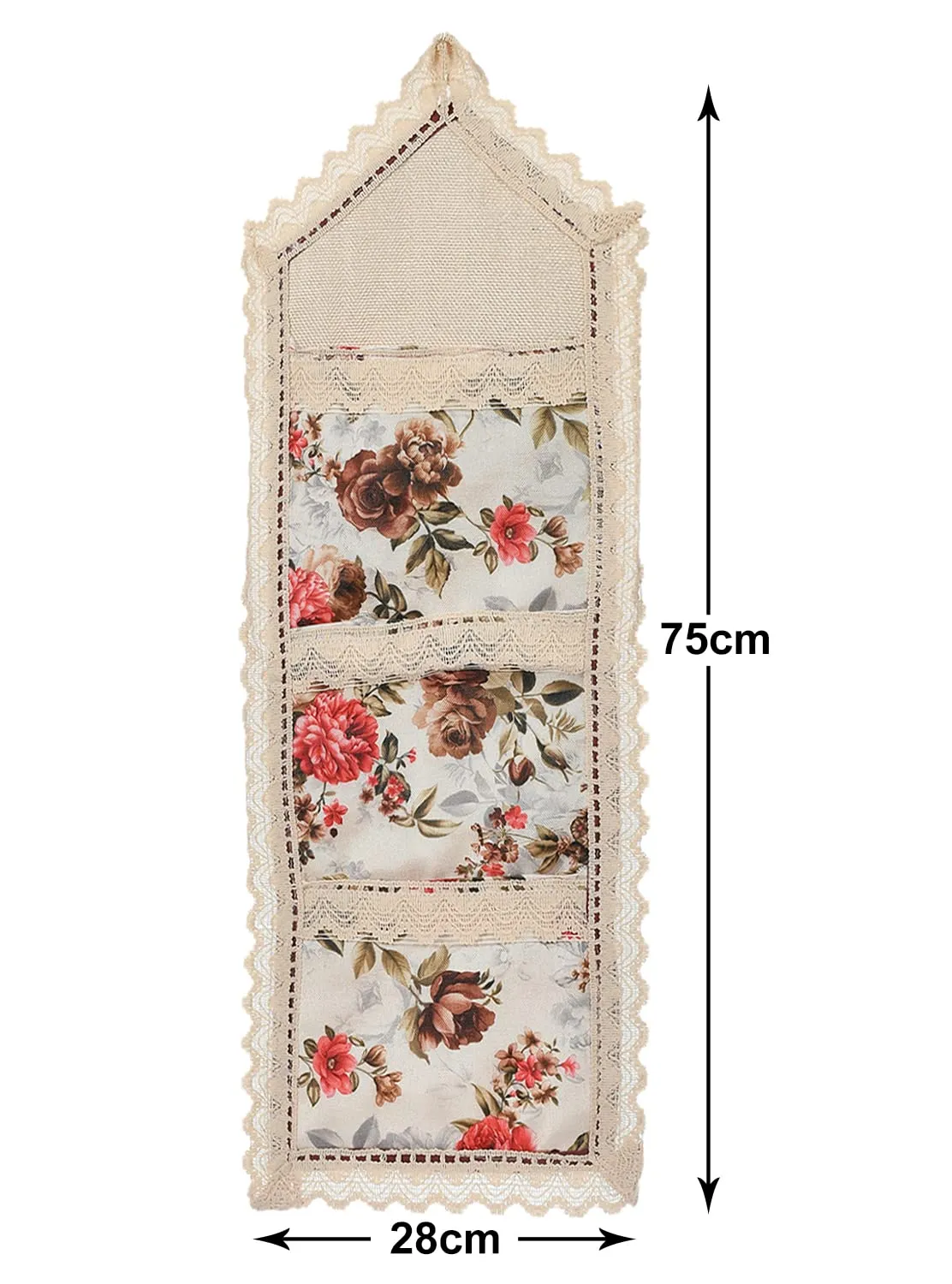 Kuber Industries Flower Printed Multiuses 3 Pockets Wall Hanging Storage Organizer/Holder For Home (Cream & Red)-50KM01175(Cotton)