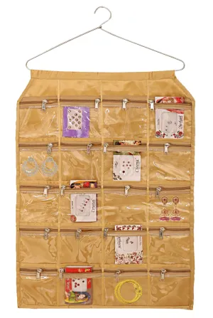 Kuber Industries Hanging Jewellery Organisers with 20 Zipper Pockets|Metal Hanger|Zipper Pockets (Gold)