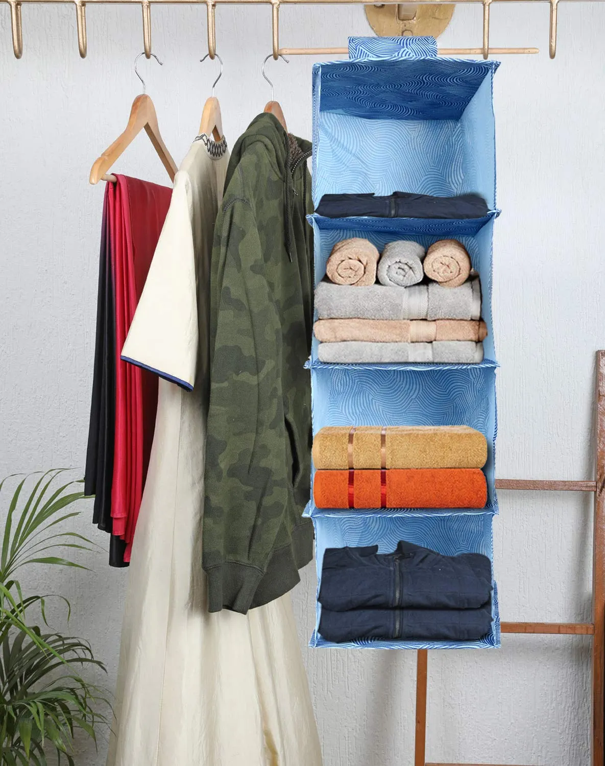 Kuber Industries Laheriya Print 4 Shelf Closet Hanging Organizer, 4 Tier Closet Wardrobe Organizer Clothes Storage Hanger for Family Closet Bedroom, Foldable and Universal Fit (Blue)-KUBMART15341