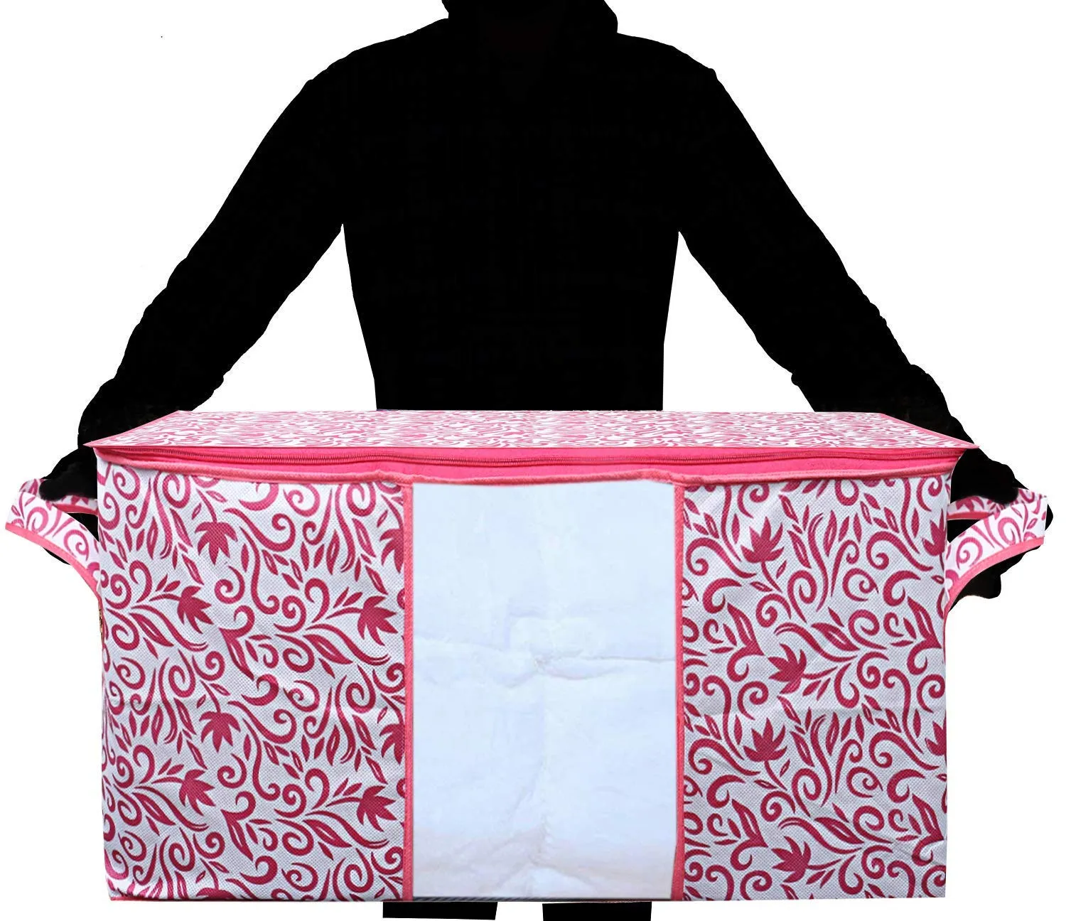 Kuber Industries Leaf Design 3 Piece Non Woven Underbed Storage Bag, Storage Organiser, Blanket Cover with Transparent Window, Extra Large, Pink -CTKTC034488