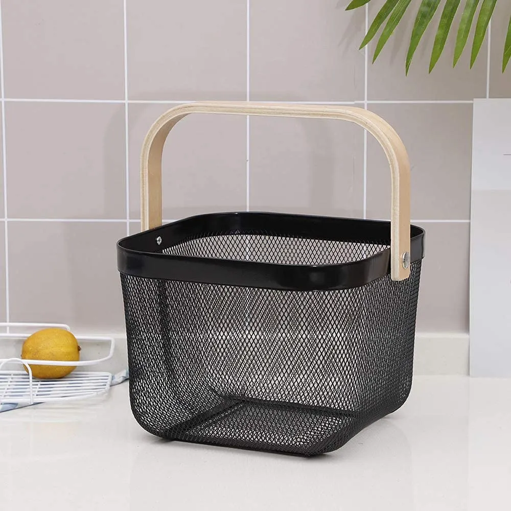 Kuber Industries Metal Wire Basket With Handle|Storage Basket Fot Fruits, Books|Mesh Open Storage Bin|Storage Organizer|Pack Of 2|Black