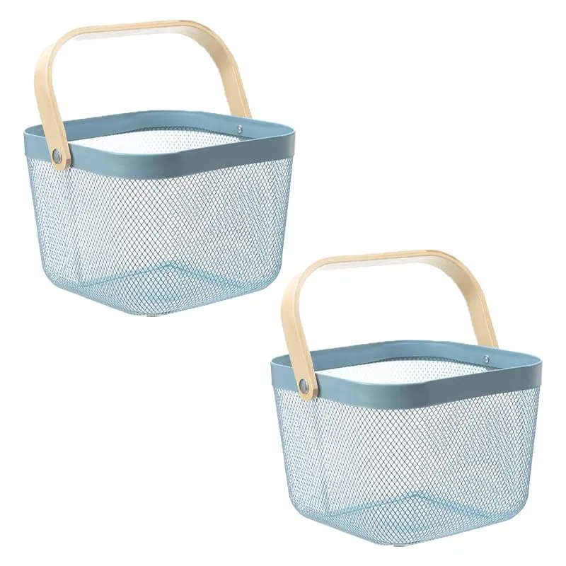 Kuber Industries Metal Wire Basket With Handle|Storage Basket Fot Fruits, Books|Mesh Open Storage Bin|Storage Organizer|Pack Of 2|Blue