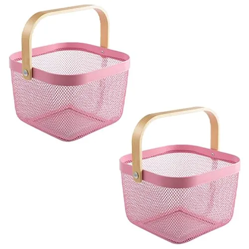 Kuber Industries Metal Wire Basket With Handle|Storage Basket Fot Fruits, Books|Mesh Open Storage Bin|Storage Organizer|Pack Of 2|Pink