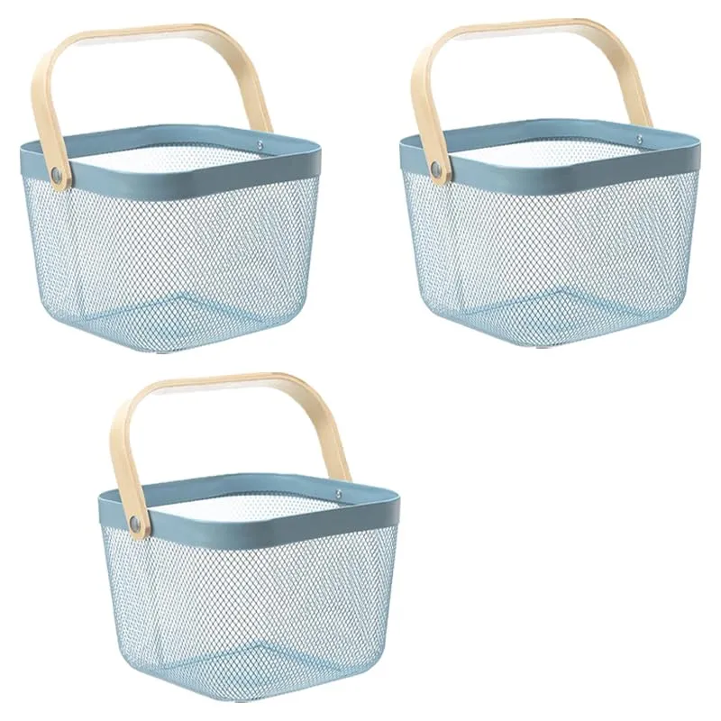 Kuber Industries Metal Wire Basket With Handle|Storage Basket Fot Fruits, Books|Mesh Open Storage Bin|Storage Organizer|Pack Of 3|Blue