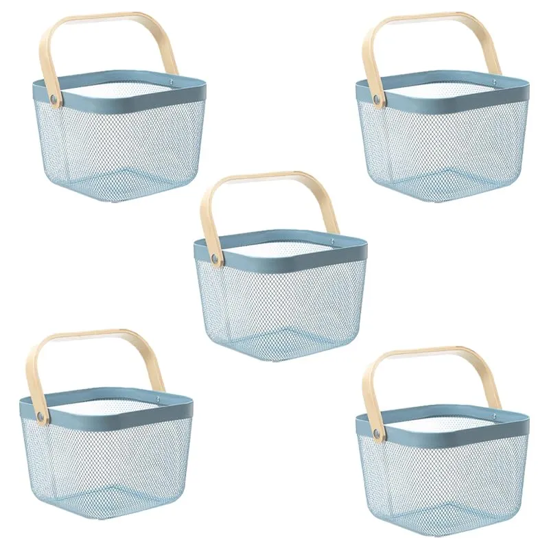 Kuber Industries Metal Wire Basket With Handle|Storage Basket Fot Fruits, Books|Mesh Open Storage Bin|Storage Organizer|Pack Of 5|Blue