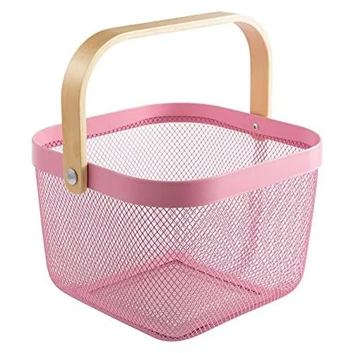 Kuber Industries Metal Wire Basket With Handle|Storage Basket Fot Fruits, Books|Mesh Open Storage Bin|Storage Organizer|Pack Of 5|Pink