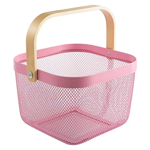 Kuber Industries Metal Wire Basket With Handle|Storage Basket Fot Fruits, Books|Mesh Open Storage Bin|Storage Organizer|Pink