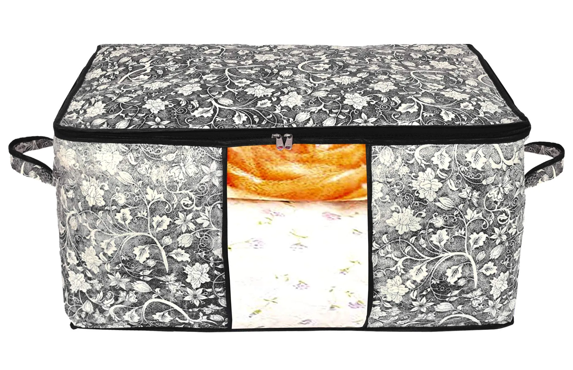 Kuber Industries Metalic Flower Print Non Woven 4 Pieces Underbed Storage Bag,Cloth Organiser,Blanket Cover with Transparent Window (Black)-KUBMART16603