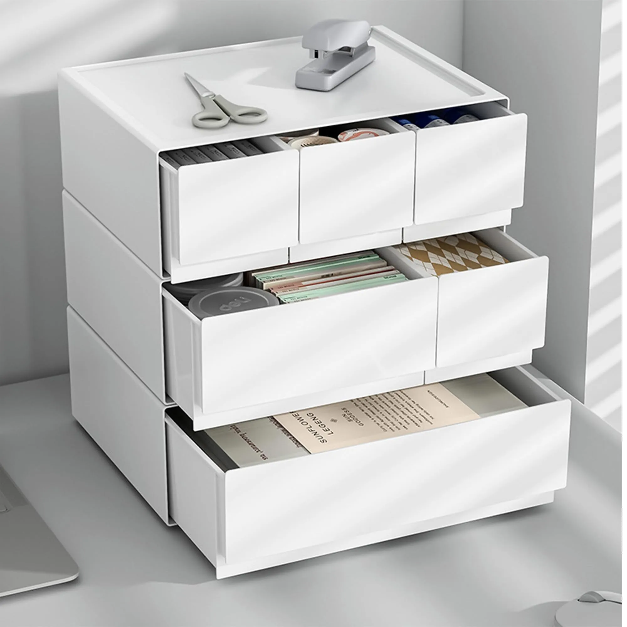 Kuber Industries Stackable Drawer Box Organizer | 3 Drawers Stackable Desktop Organizer | For Office Supplies, Stationery | Countertop Pen Holder | Generic Storage Case| W1943 | White