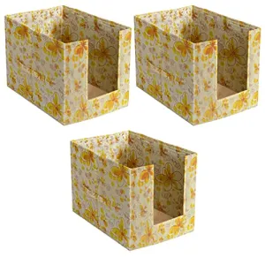 Kuber Industries Women's Rectangular Saree Organizer for Wardrobe/Closet Storage Box and Clothing Organiser Clothes with Flower Design- Pack of 3 (Yellow)