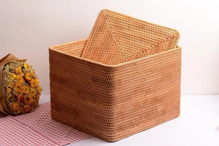 Large Storage Basket for Living Room, Storage Basket for Clothes, Woven Rattan Storage Baskets, Rectangular Storage Basket, Storage Basket with Lid