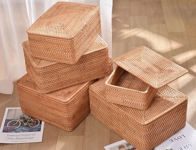 Large Storage Basket for Living Room, Storage Basket for Clothes, Woven Rattan Storage Baskets, Rectangular Storage Basket, Storage Basket with Lid