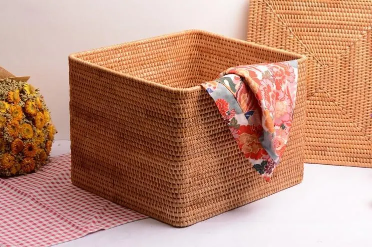 Large Storage Basket for Living Room, Storage Basket for Clothes, Woven Rattan Storage Baskets, Rectangular Storage Basket, Storage Basket with Lid