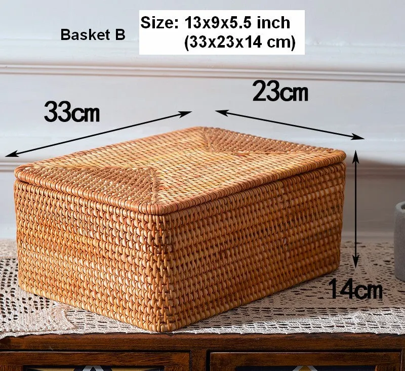 Large Storage Basket for Living Room, Storage Basket for Clothes, Woven Rattan Storage Baskets, Rectangular Storage Basket, Storage Basket with Lid