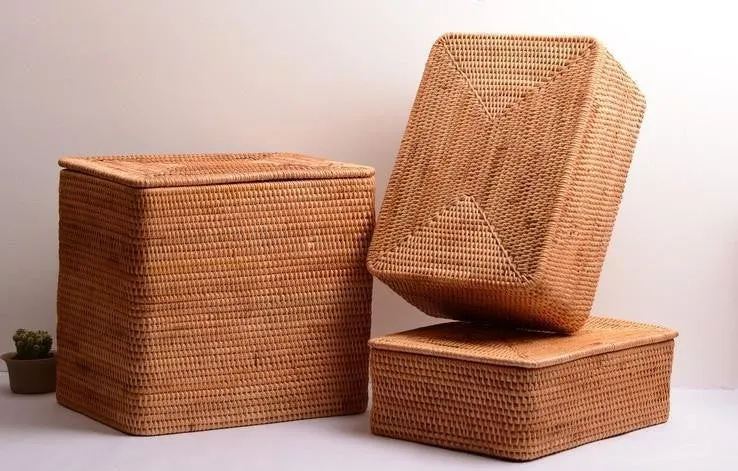 Large Storage Basket for Living Room, Storage Basket for Clothes, Woven Rattan Storage Baskets, Rectangular Storage Basket, Storage Basket with Lid