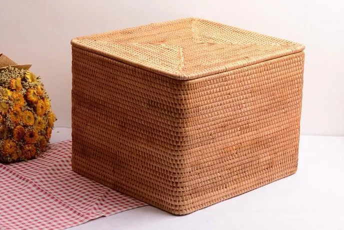 Large Storage Basket for Living Room, Storage Basket for Clothes, Woven Rattan Storage Baskets, Rectangular Storage Basket, Storage Basket with Lid