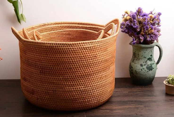 Large Woven Storage Basket with Handle, Large Rattan Basket, Large Round Storage Basket for Bathroom