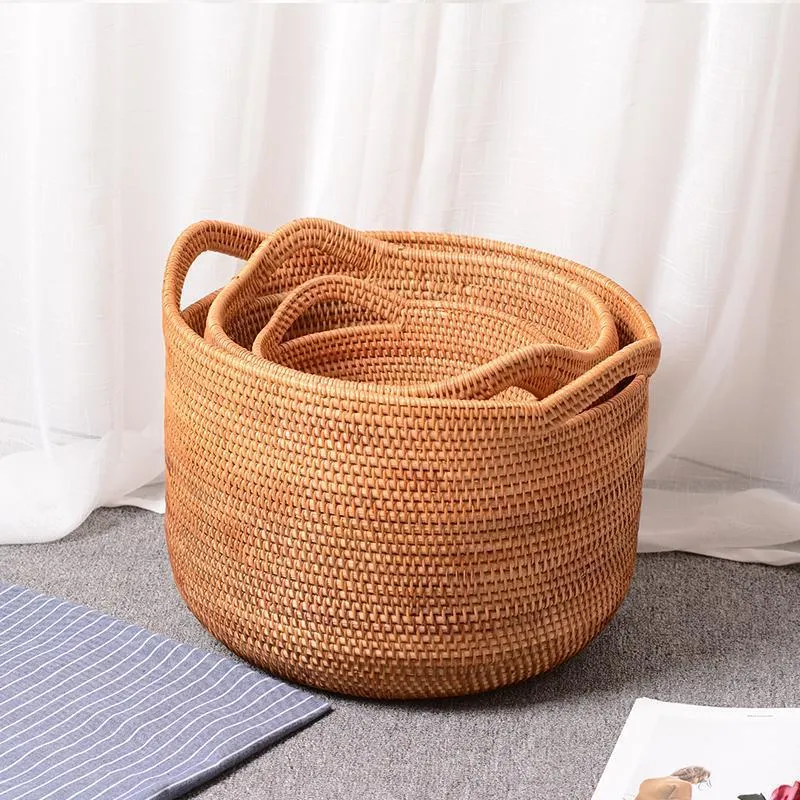 Large Woven Storage Basket with Handle, Large Rattan Basket, Large Round Storage Basket for Bathroom