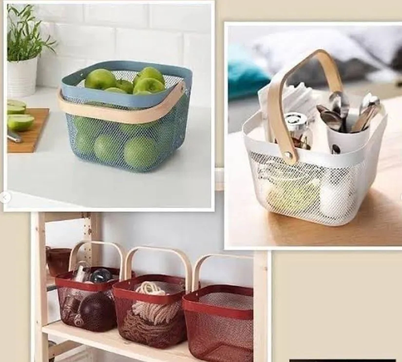 Multi Purpose Steel Basket with Wooden Handle-Random Color-Pack Of 2-BY APT