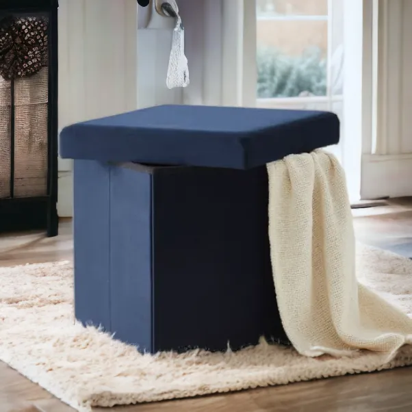 Navy Blue Velvet Storage Box With Lid