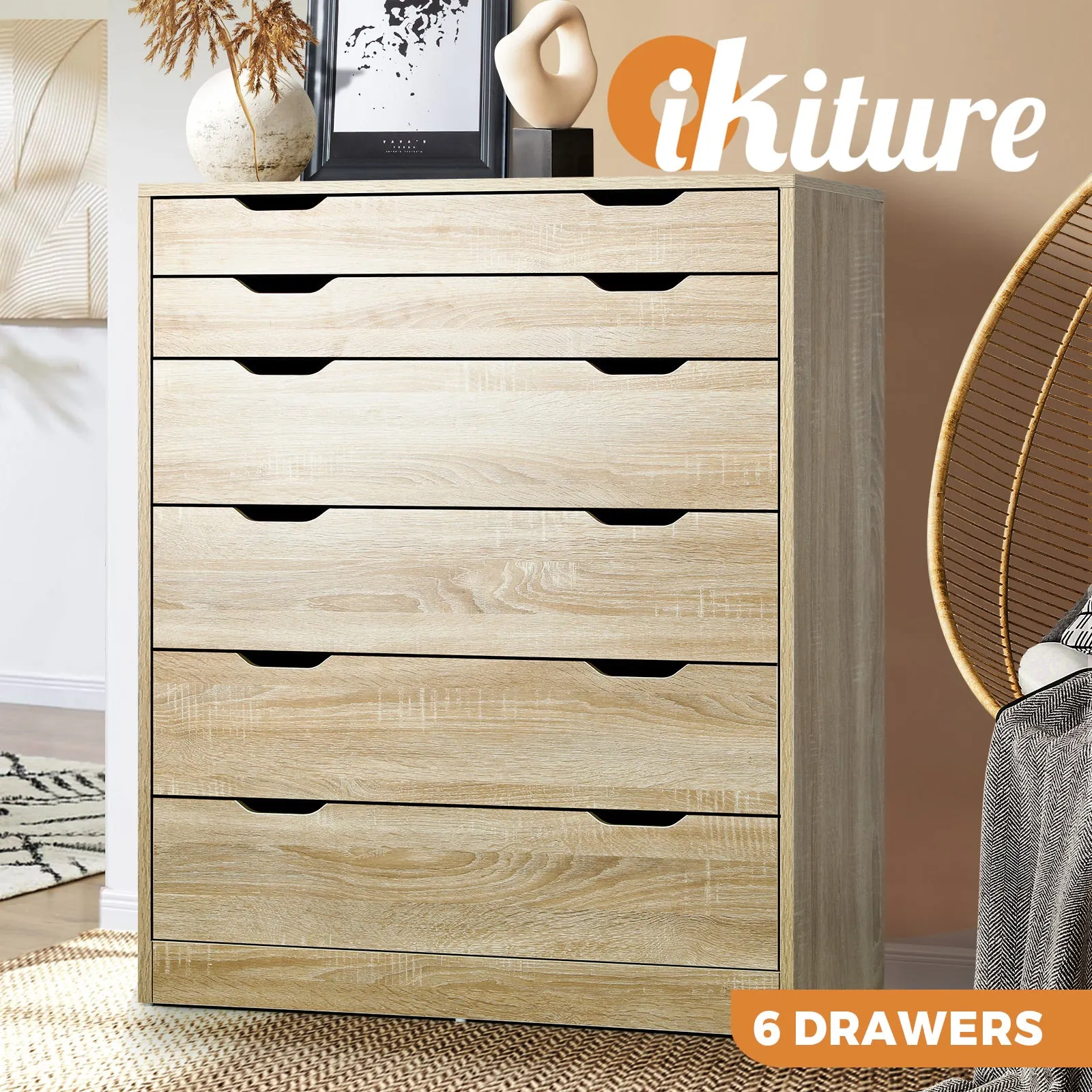 Oikiture 6 Chest of Drawers Dresser Table Tallboy Cabinet Bedroom White Oak