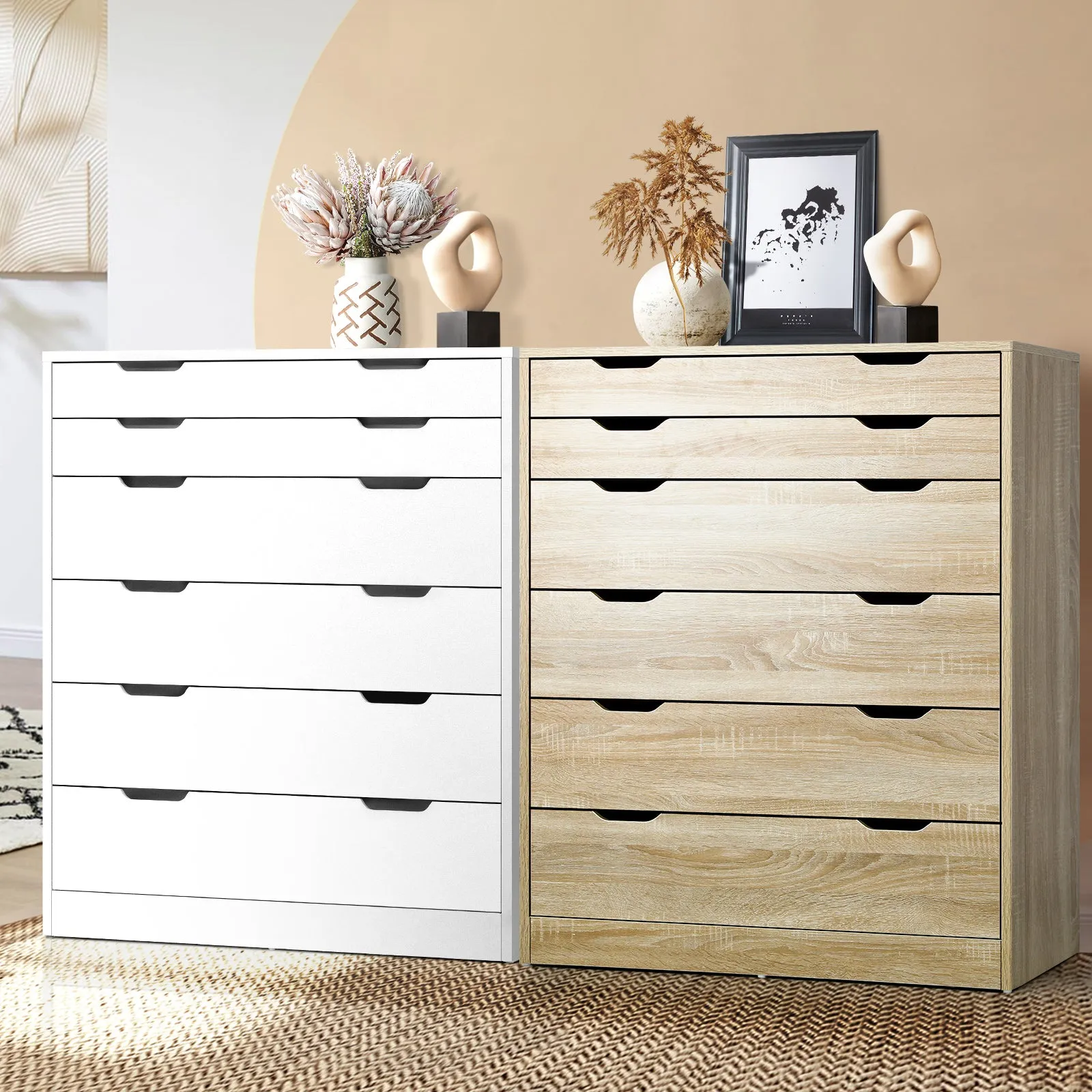 Oikiture 6 Chest of Drawers Dresser Table Tallboy Cabinet Bedroom White Oak