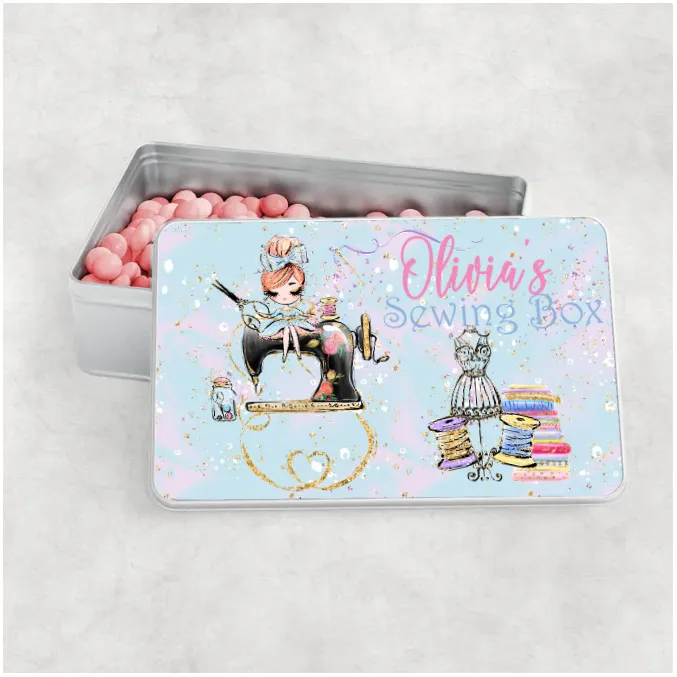 Personalised Storage Tin, Sewing Box, Girl sitting on Machine, Aluminium Tin