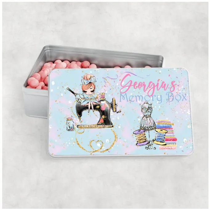 Personalised Storage Tin, Sewing Box, Girl sitting on Machine, Aluminium Tin